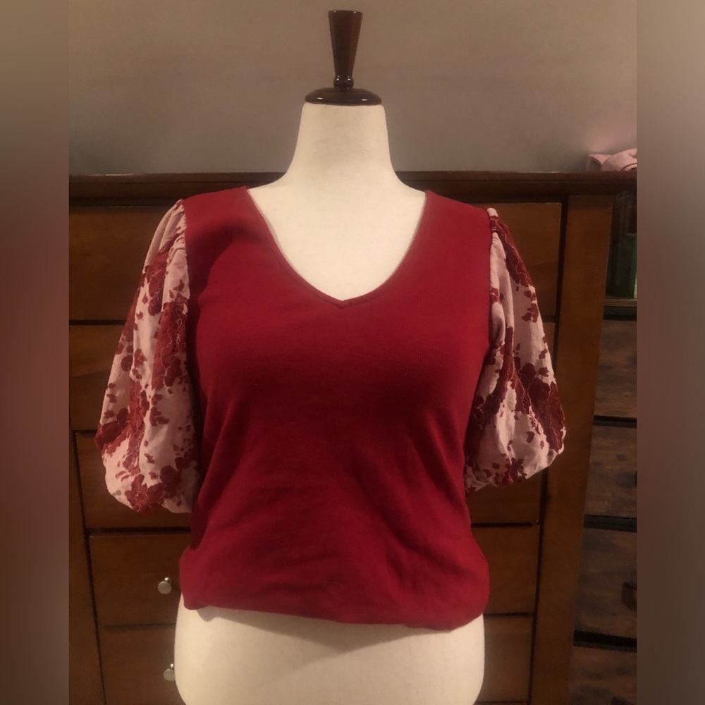 dolan Red V-Neck Top with Floral Puff Sleeves